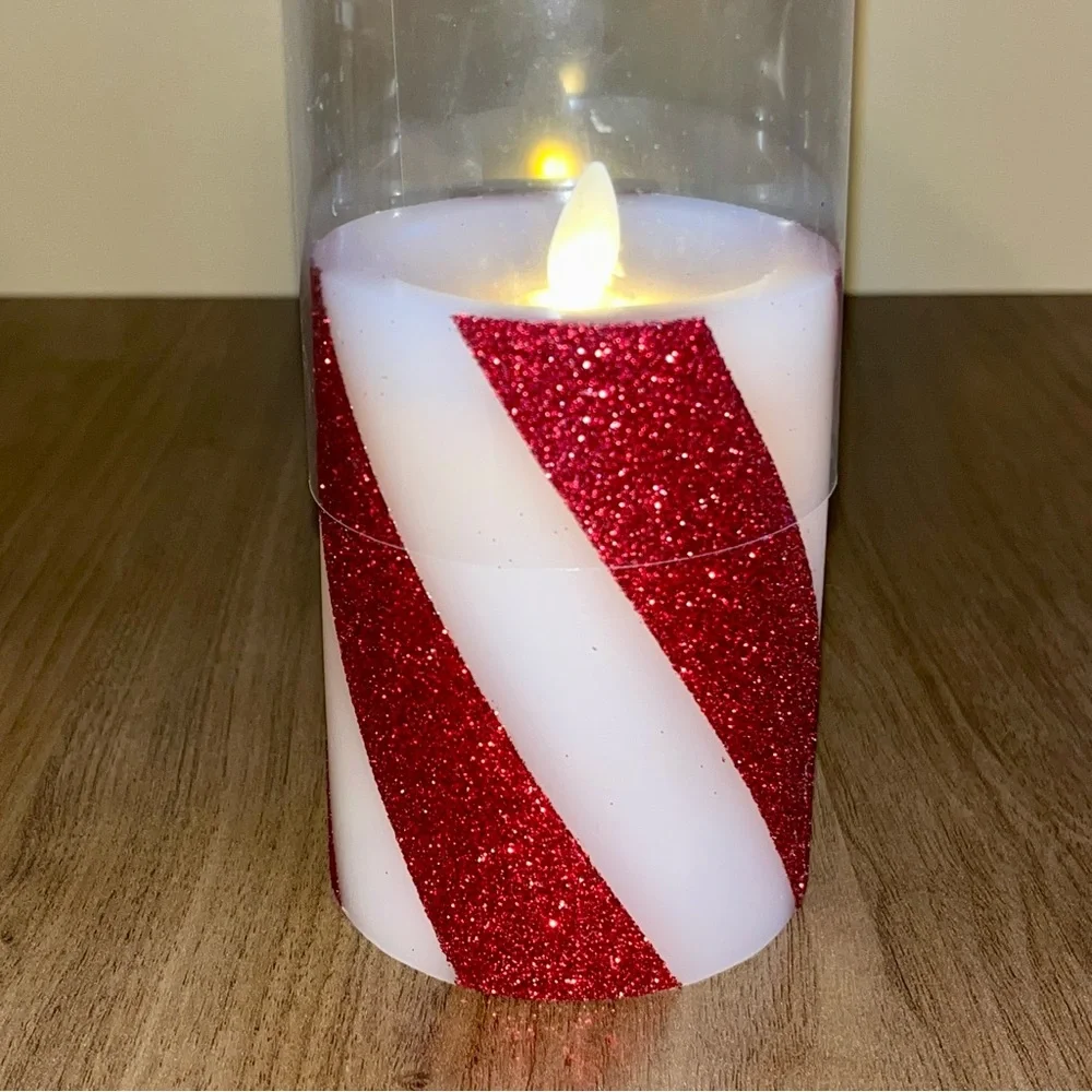 Luminara Candy Cane Wide Red White Glitter Stripe Flameless LED Pillar Candle - Picture 6 of 11